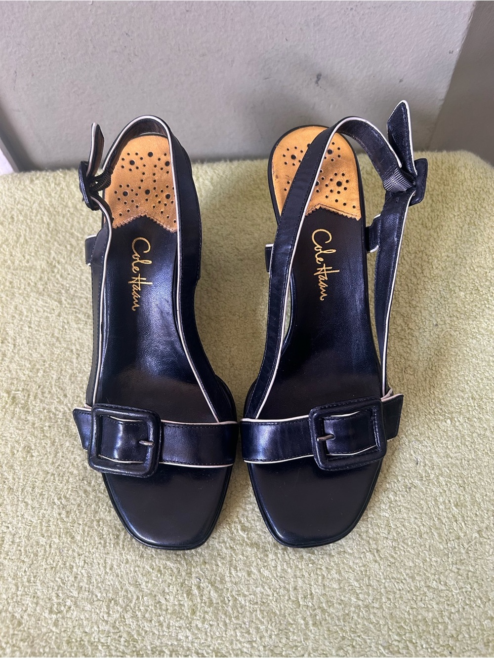 Cole Haan Nike Air Black Leather Slingback Wedge Heel Sandals with Buckle Detail